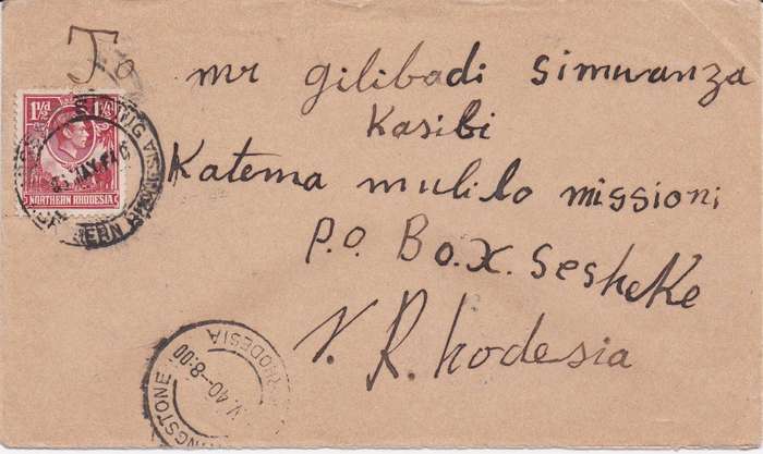 Northern Rhodesia 1940 KGVI 1 1/2d on Mission Siding  cover to Sisheke  Katima Mulilo very fine