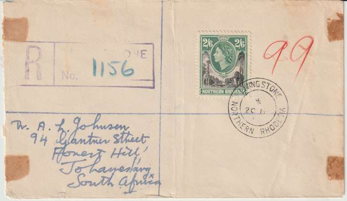 Northern Rhodesia 1954 Registered Livingstone cover with QEII 2s6d with official cachet on reverse