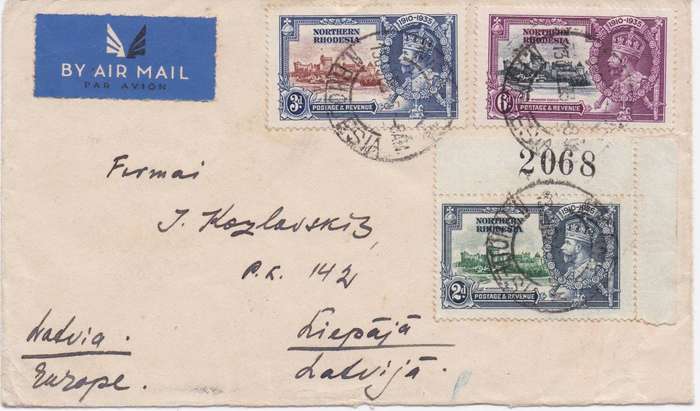 Northern Rhodesia 1935 KGV Silv Jubilee 2d, 3d & 6d on Nkana airmail cover to Latvia very fine