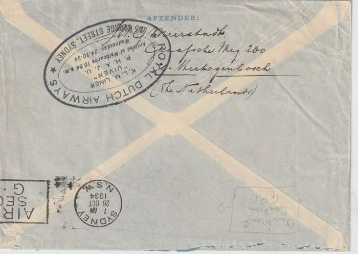 Netherlands 1934, 20 Oc., Mac-Robertson Air Race cover from Amsterdam to Sydney