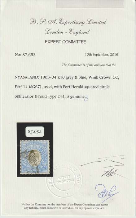 Nyasaland 1903 KEVII £10 grey & blue with BPA certificate very fine used