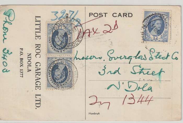 Rhodesia and Nyasaland 1959 Ndola Taxed card with QEII definitive 1dx2 as postage due