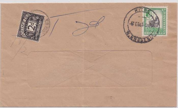 Rhodesia and Nyasaland 1963 1/2d on window envelope with T2d marking and South Rhod 2d postage due