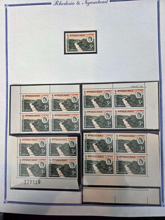 Rhodesia and Nyasaland 1960 Kariba collection of 6 in corner blocks of 4 plus varieties