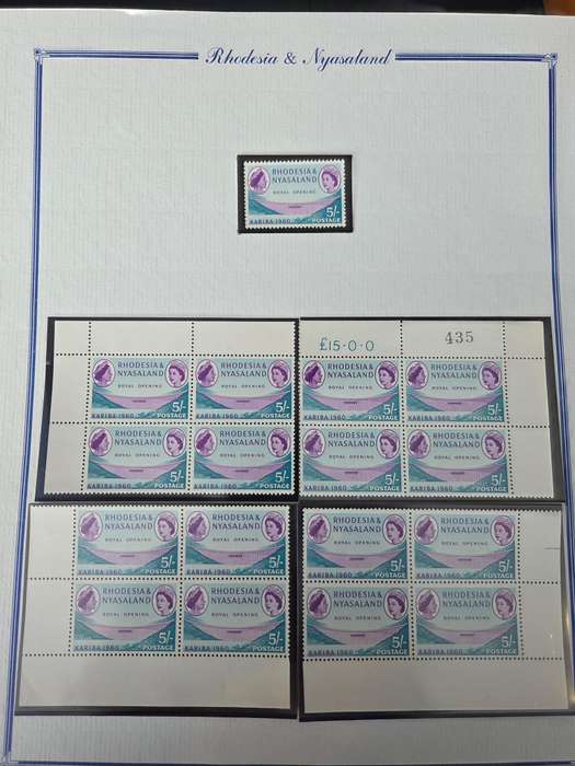 Rhodesia and Nyasaland 1960 Kariba collection of 6 in corner blocks of 4 plus varieties