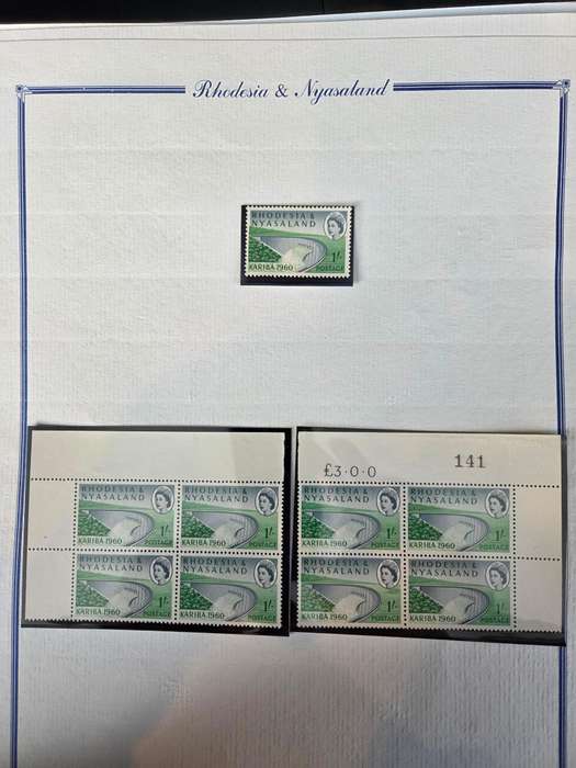 Rhodesia and Nyasaland 1960 Kariba collection of 6 in corner blocks of 4 plus varieties