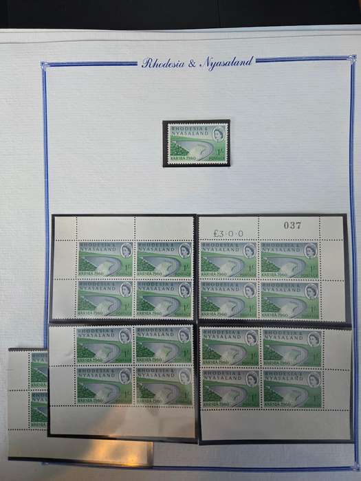 Rhodesia and Nyasaland 1960 Kariba collection of 6 in corner blocks of 4 plus varieties