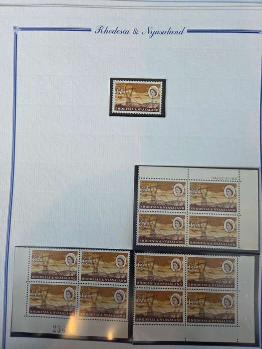 Rhodesia and Nyasaland 1960 Kariba collection of 6 in corner blocks of 4 plus varieties