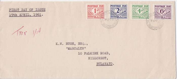 Rhodesia and Nyasaland Postage Due 1961 set of 4 on first day cover, scarce
