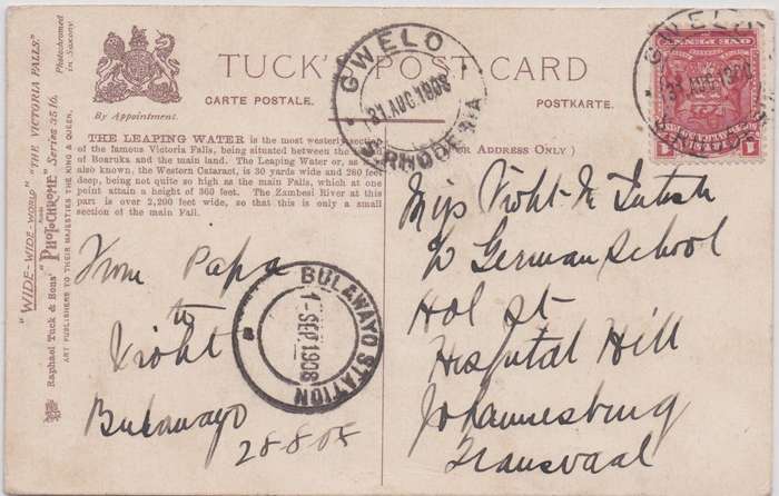 Rhodesia BSAC 1908 1d tied with Gwelo to rev Western Cataract picture postcard  very fine