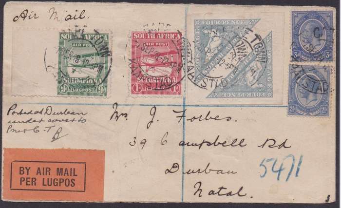 South Africa 1925 Airmail 9d imperforate left margin on airmail cover