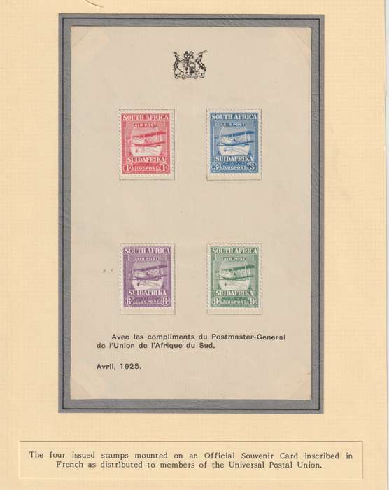 South Africa 1925 Airmail Presentation Card in French with additional official letter very fine