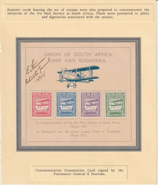 South Africa 1925 Airmail Presentation Card signed by Postmaster general E Stuurman very fine