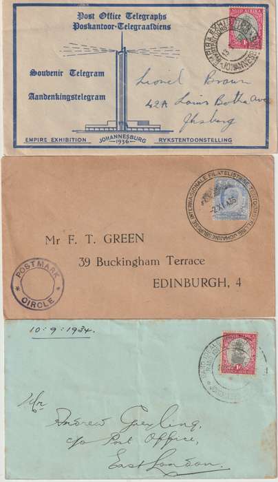 South Africa 1934/37 Exhibition & Conference special cancels on covers x6 fine