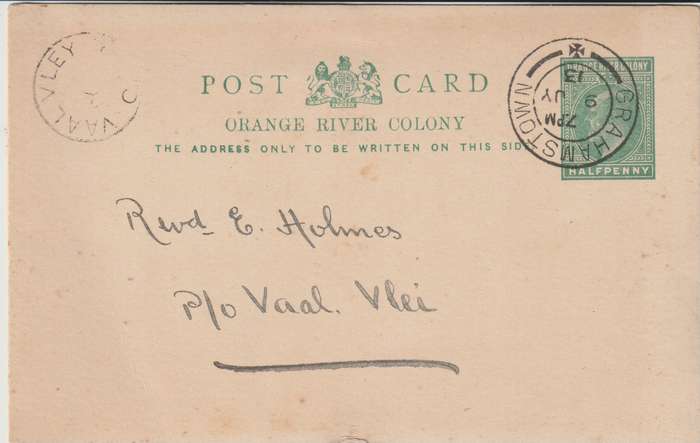 South Africa 1913 ORC KEVII 1/2d postcard from Grahamstown to Vaal Vley, scarce