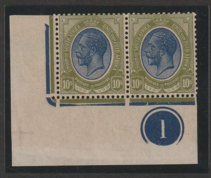 South Africa 1913 KGV 10s blue and pale olive bottom left control pair very fine mint