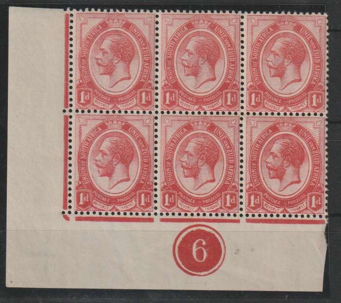 South Africa 1913 KGV 1d very worn plate control 6 bottom left blk 6  very fine unmounted mint