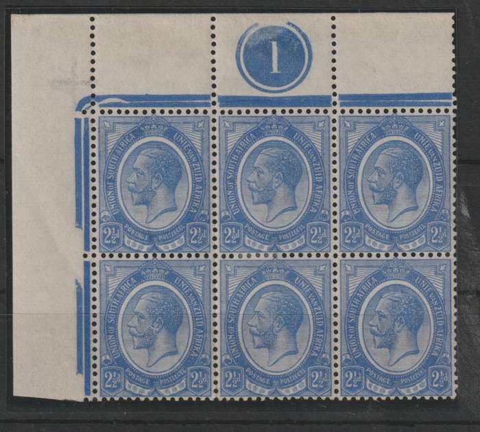 South Africa 1913 KGV 2 1/2d plate 1 top left block of 6 very fine  mint