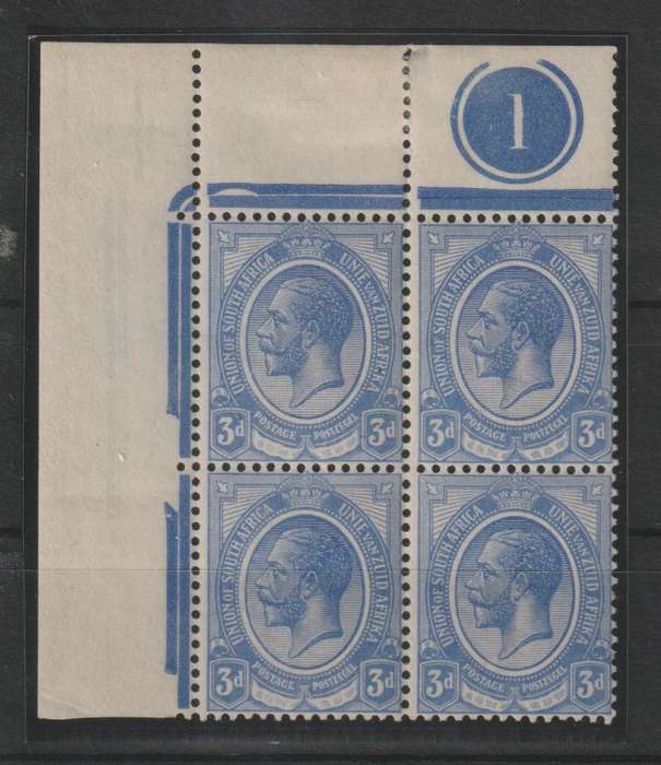 South Africa 1913 KGV 3d deep ultramarine plate 1 top left block of 4 very fine unmounted mint