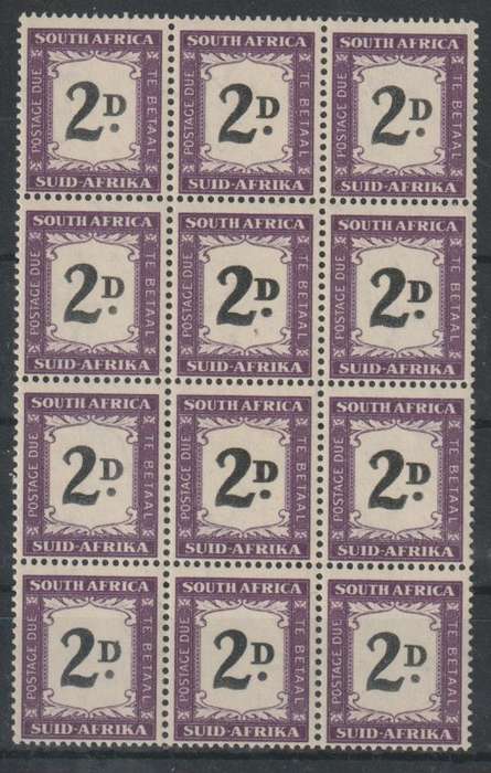 South Africa Postage Due 1950 2d block of 12 with 4x thick D varieties