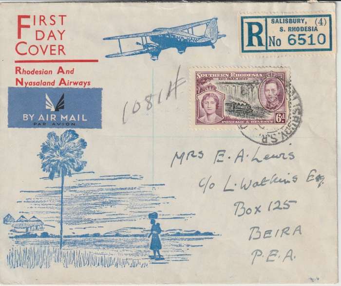 Southern Rhodesia 1937 First Flight cover salisbury to Beira PEA very fine