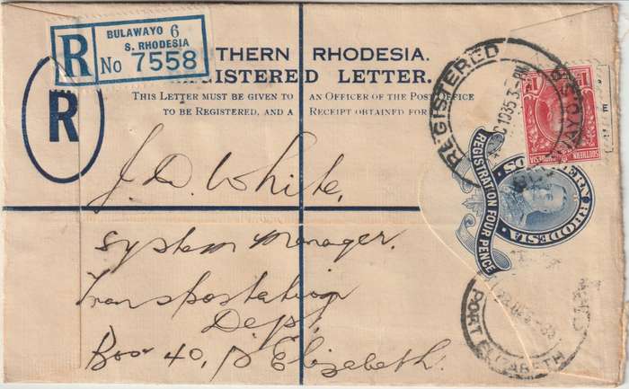 Southern Rhodesia 1935 KGV 4d registered envelope with 1d Bulawayo to Port Elizabeth