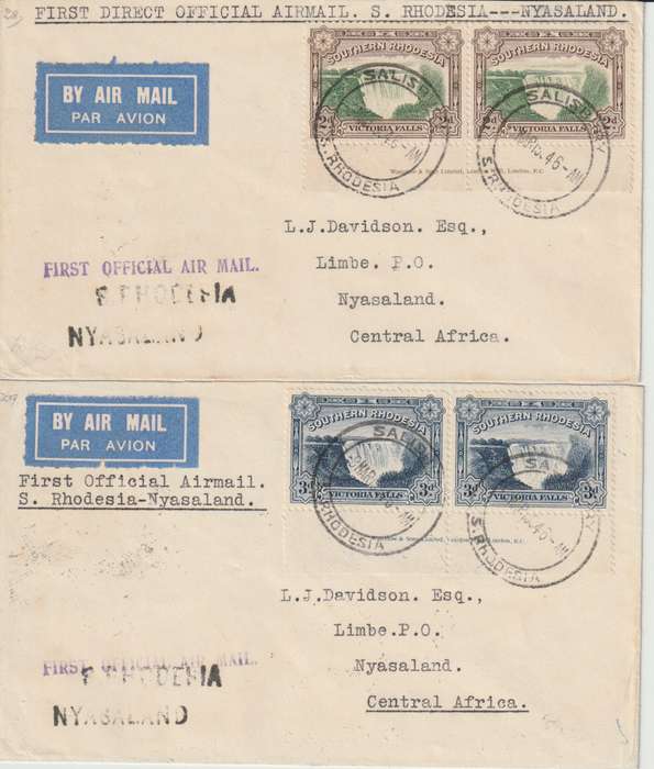 Southern Rhodesia 1946 Falls et of 2 imprints on 2 First Flight covers Salisbury to Nyasaland