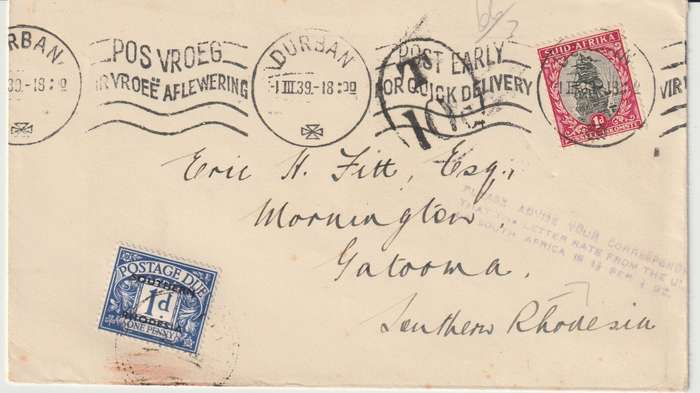 Southern Rhodesia 1939 SA 1d Durban cover to Gatooma with Tax marking and 1d postage due
