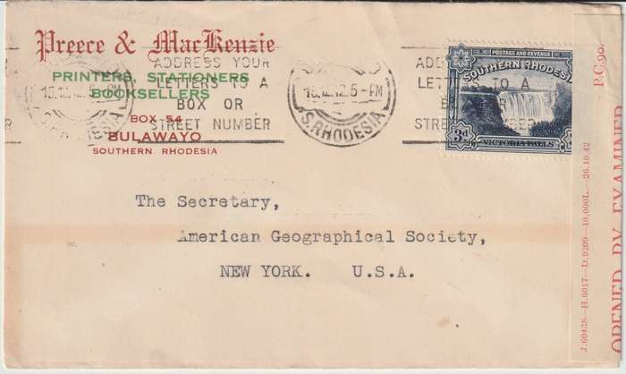 Southern Rhodesia 1942 Falls 3d on censored Preece & MacKenzie company Bulawayo cover