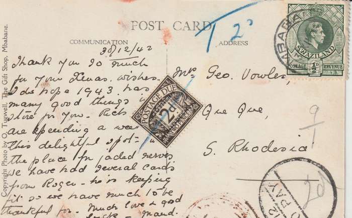 Southern Rhodesia 1942 Swaziland KGVI 1/2d on postcard with Tax markings and 2d postage due