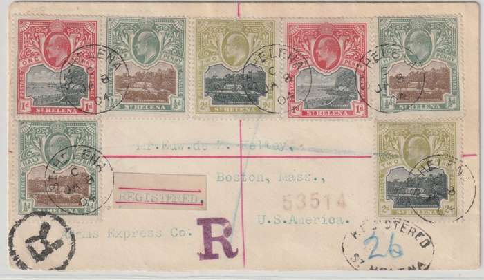 ST Helena 1904 KEVII 7 values on registered cover to Boston / USA very fine used