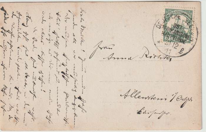 South West Africa 1911 Deutsche Seepost Ost Afrikanishe Hauptlinie ship cancel on postcard