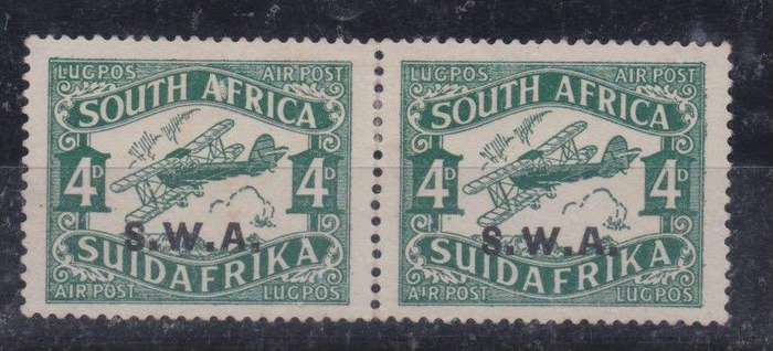 South West Africa 1930 Airmails 4d pair with plate flaws 'blob between A&F' & 'short i'  fine mint