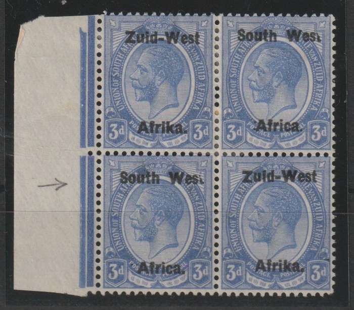 South West Africa 1923 KGV Type I 3d block of 4 with Wes. for West variety x2 fine mint