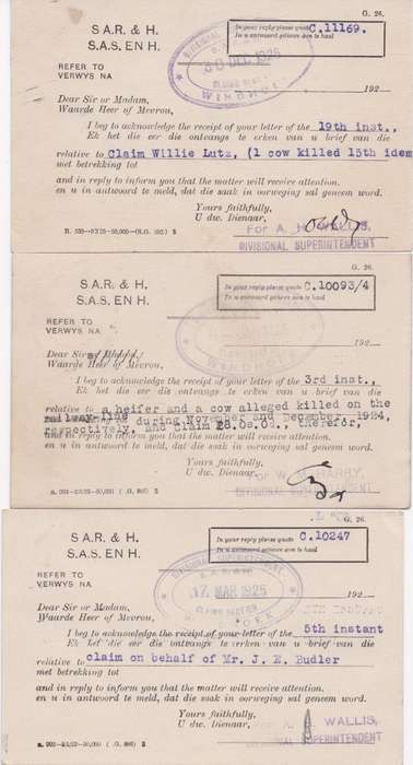 South West Africa 1924/25 KGV 1d on 3 SAR&H postcards with Windhoek SAR&H cachets concerning claims