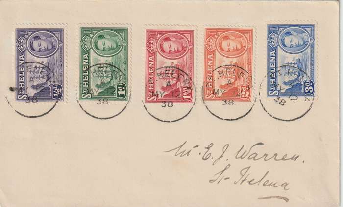 ST Helena 1938, My 12, KGVI low 5 value sincluding scarce 3d on local first day cover use