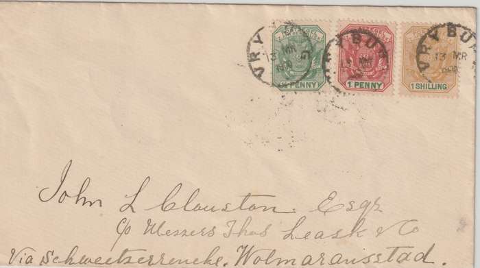Cape of Good Hope Vryburg 1900 Boer occupation Transvaal 1/2d, 1d & 1s on cover to Wolmeransstad