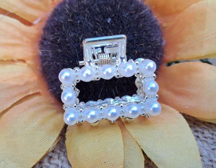 Metal Hair Clip - Small, Faux Pearl Rectangular