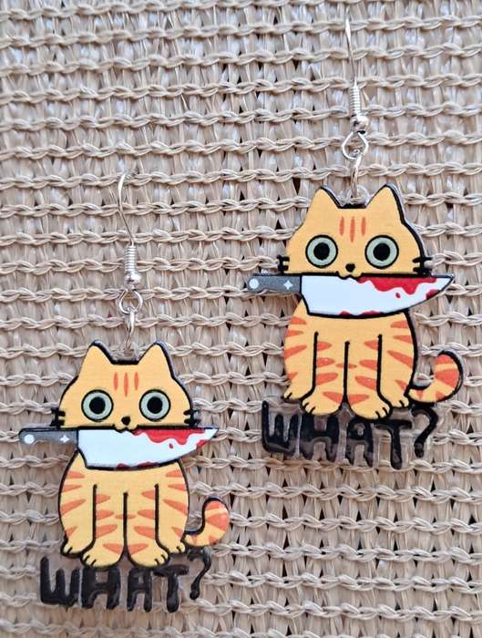 Spooky Cat Acrylic Dangle Earrings - 'WHAT?' Ginger