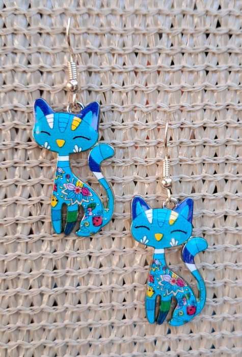 Metal Cat Earrings - Blue/Multicolour