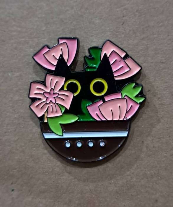Enamel Metal Pin Badge Black Cat in Pink Flowering Plant