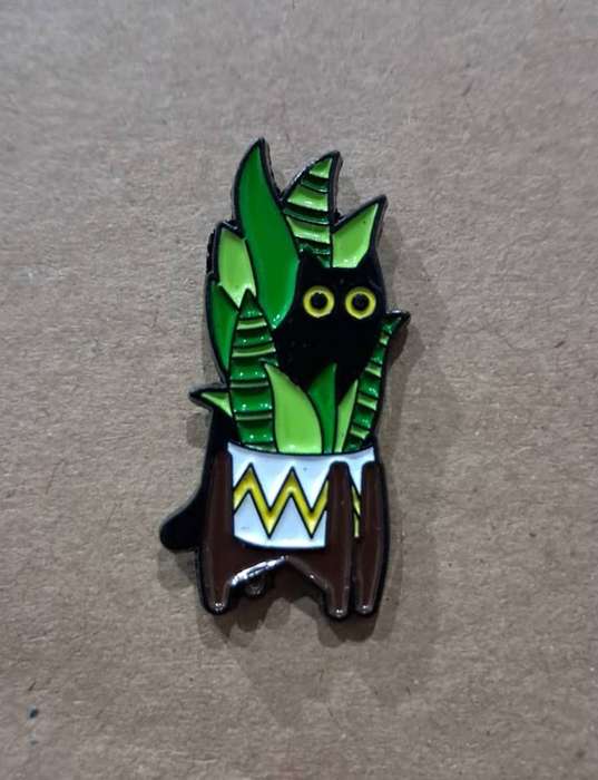 Enamel Metal Pin Badge Black Cat in Snake Plant