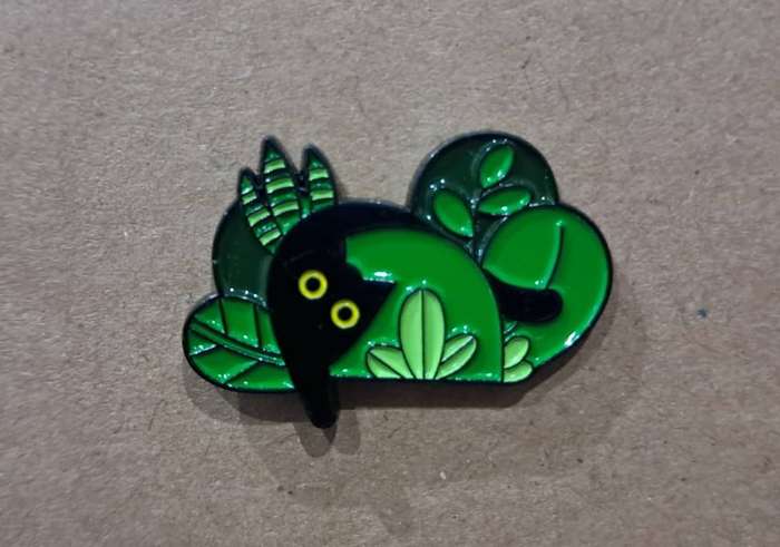 Enamel Metal Pin Badge Floppy Black Cat in Plants