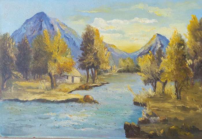 River and Mountain range painting