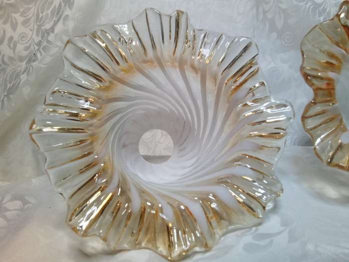 Three Vintage hand blown glass lamp shade peach iridescent tulip
