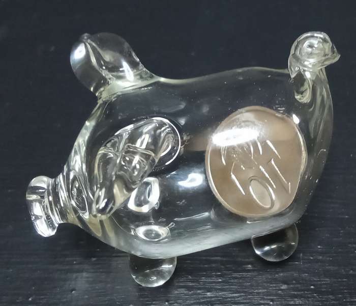 Cutest little vintage glass pig with an "old-fashioned" 10c coin inside