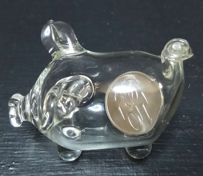Cutest little vintage glass pig with an "old-fashioned" 10c coin inside