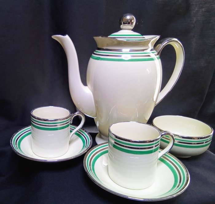Stunning art deco Copeland Spode Royal Jasmine silver and jade coffee set