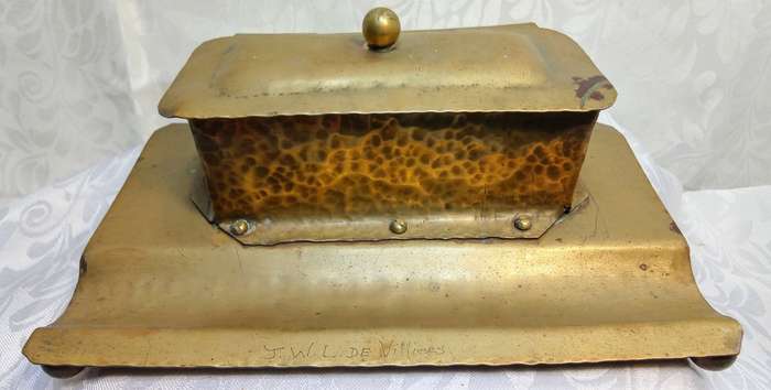 Very interesting vintage brass hand made ink well holder