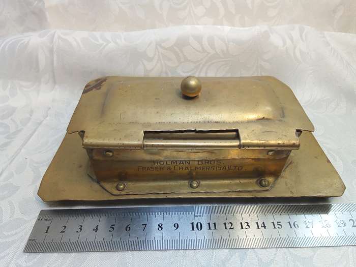 Very interesting vintage brass hand made ink well holder